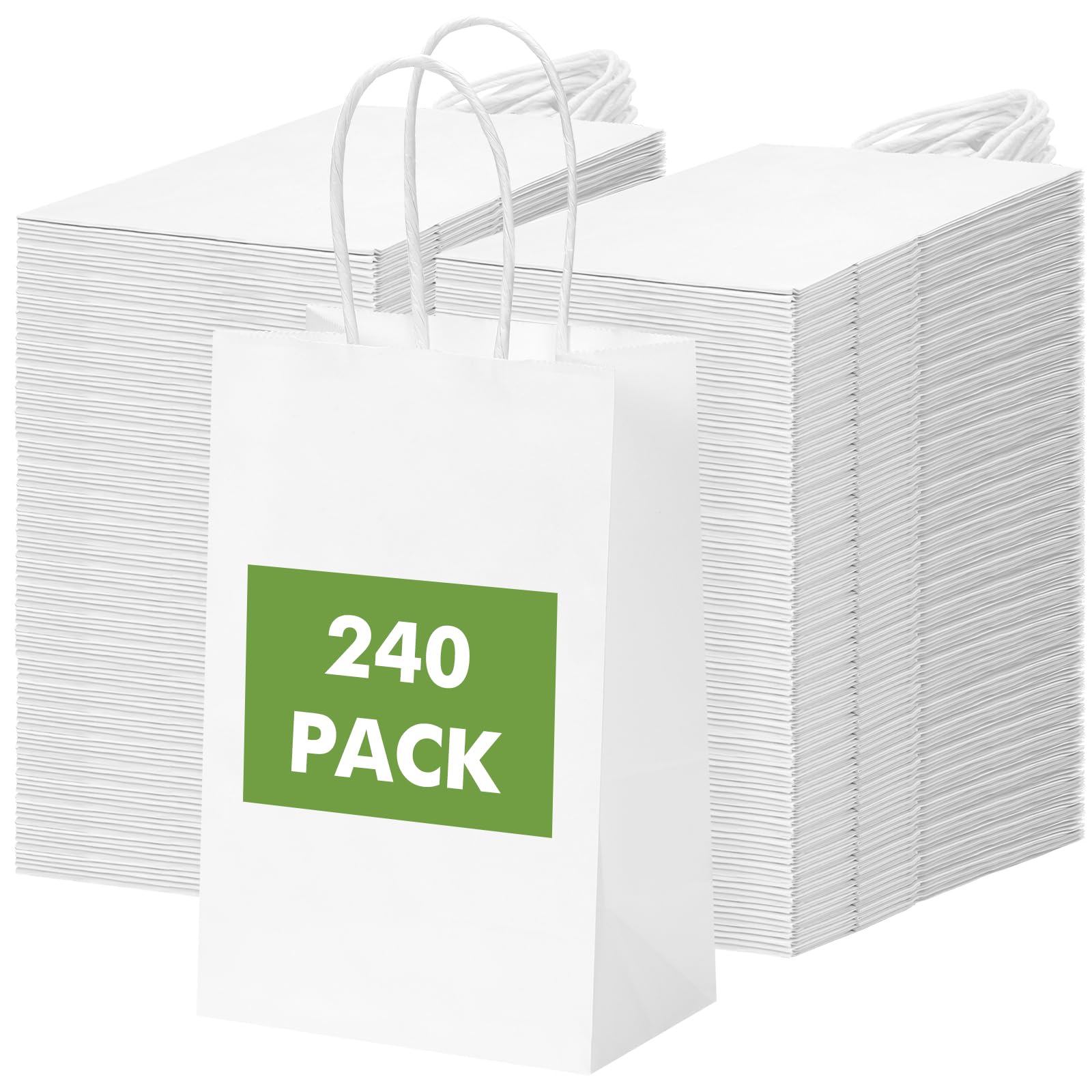 OUTUXED 240 bolsas de papel blancas con asas, 5.25 x 3.2 x 8 pulgadas, pequeñas bolsas de regalo blancas a granel para San Valentín, Navidad, compras, cumpleaños, bodas y fiestas de negocios