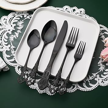 Black Flatware Set For 4, 20 Pieces 18/0 Stainless Steel Silverware Set, Cutlery Utensils Set Include Knives/Forks/Spoons, Antique Baroque Style & Luxury Mirror Polished