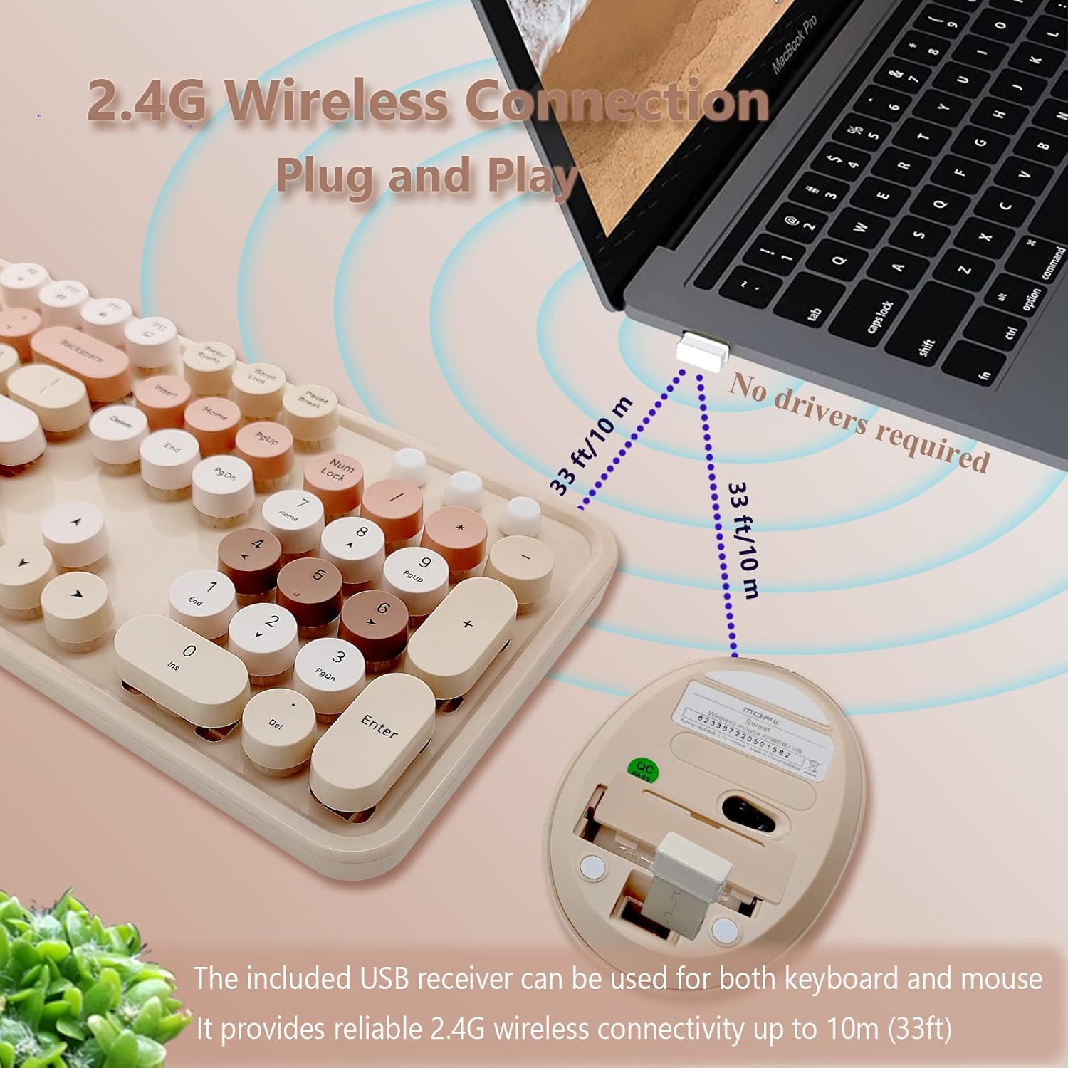 Wireless Keyboard and Mouse Combo, Ergonomic Cute Retro Typewriter Full Size Colorful USB Cordless Keyboard Mouse Set for Gaming and Office (Milk Tea)