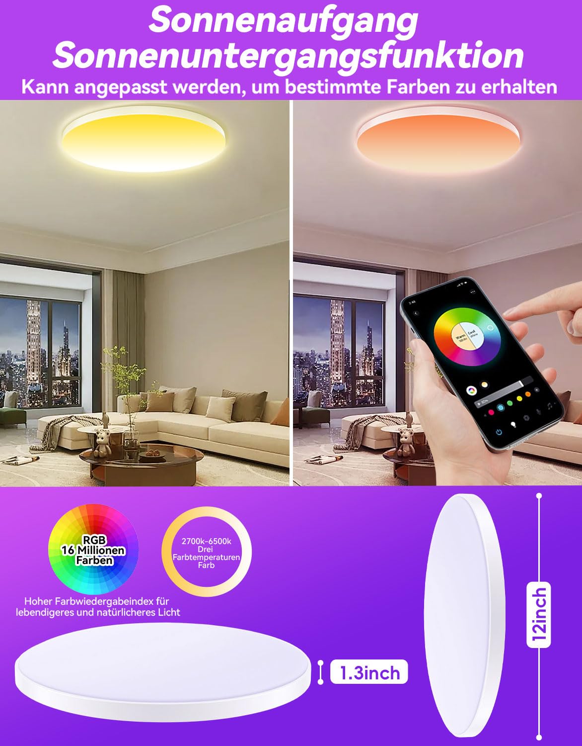 deckenleuchte led wohnzimmer 30W rgb deckenleuchte led dimmbar & Google Home 16 Millionen Farben, smart led deckenleuchte alexa kompatibel, Schlafzimmer, Küche,badezimmer