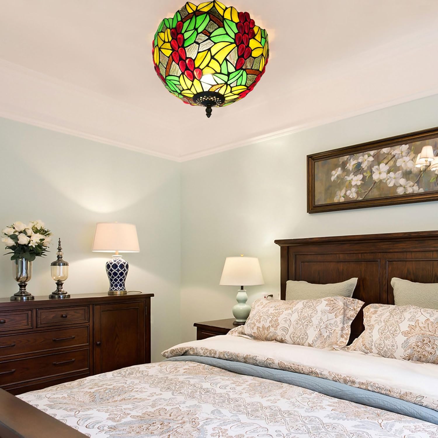 Tiffany Lamp Shade 12" Wide Accessories Replacement Only Grape Stained Glass Lampshades Vintage Red Glass Beads Green Leaves Light Cover for Table Lamp Pendant Light Desk Ceiling Fixtures,A