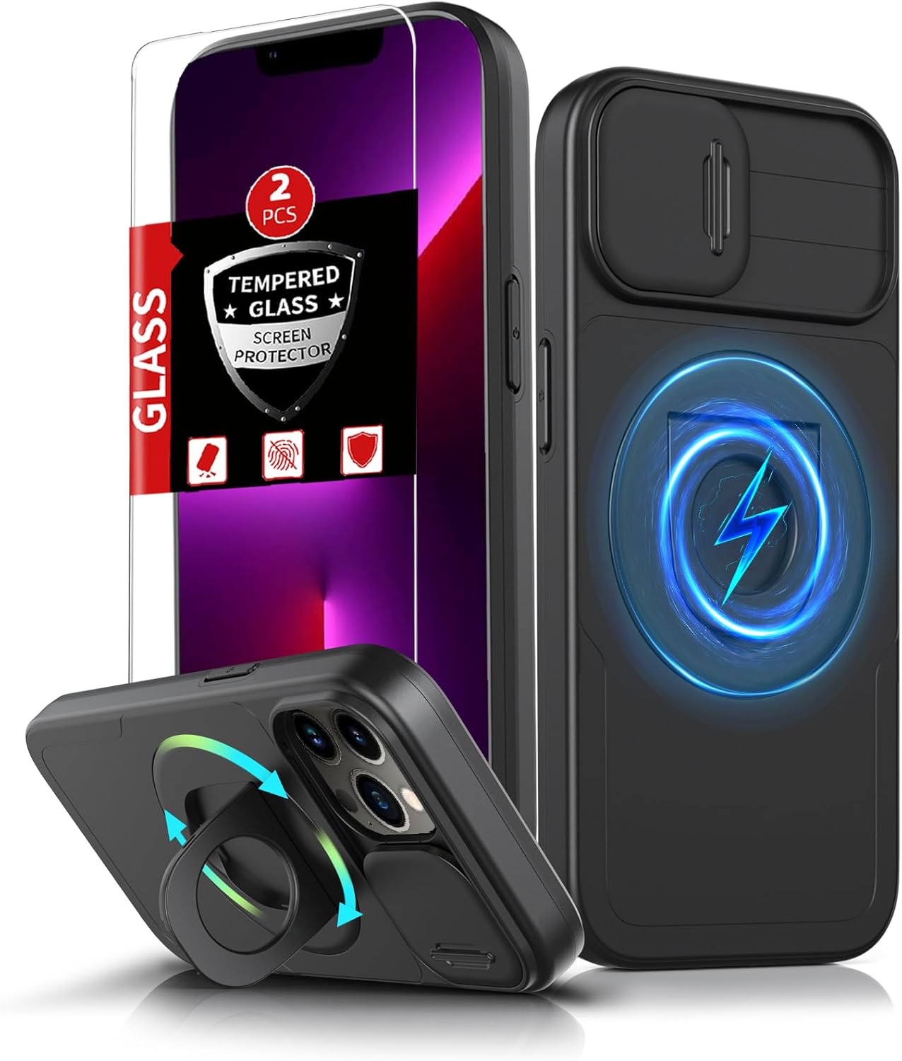 for iPhone 13 Pro Max Case Magnetic Compatible with MagSafe Wireless Charging,with 2 Screen Protectors,Built-in Kickstand Ring+Camera Cover Anti-Scratch Shockproof Heavy Duty Protection Black for iPhone 13 Pro Max Black