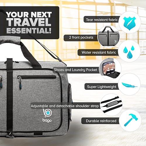 Miniatura 2 de Bago Bolsa de viaje para hombre y mujer, ligera, plegable, bolsa de lona para equipaje de 15.85 gal, 21.13 gal, y 26.42 gal (60 L, 80 L y 100 L)