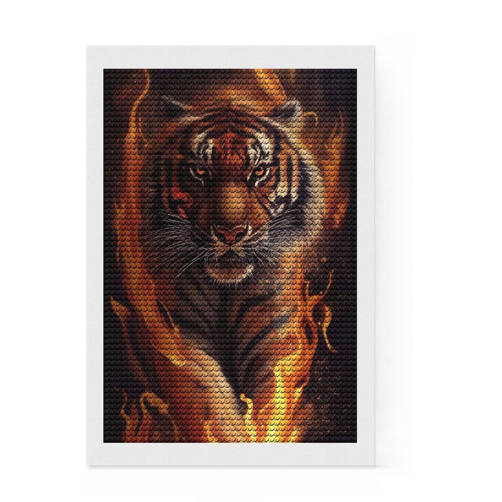 Junmoney Angry Tiger Fire Animal Round Drill Diamond Painting 8"x12", Cute Room Decor, Relaxing DIY, with Tool Kit, Thoughtful Present