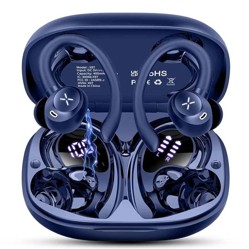 Cuffie Bluetooth Sport,Auricolari Bluetooth 5.4 Sport Con Stereo Hifi, 50 Ore Cuffie Wireless Con 4 ENC Cancellazione Rumore Mic, IP7 Impermeabile, USB-C, Cuffiette Bluetooth Con LED Display, Blu