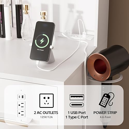 Miniatura 6 de Furmax Escritorio de tocador con espejo, luces LED y toma de corriente, mesa de tocador de maquillaje con 7 cajones y 6 estantes de almacenamiento,