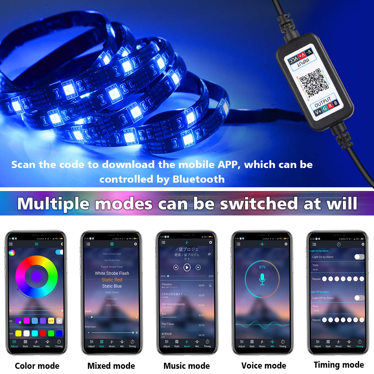 LED TV Hintergrundbeleuchtung,2M USB LED RGB Fernseher Beleuchtung mit Bluetooth APP,TV LED Beleuchtung,LED Strip Musik Lichtband,LED Streifen,für 40-60 Zoll HDTV,PC Bildschirm,Spieltisch,Spiegel usw.