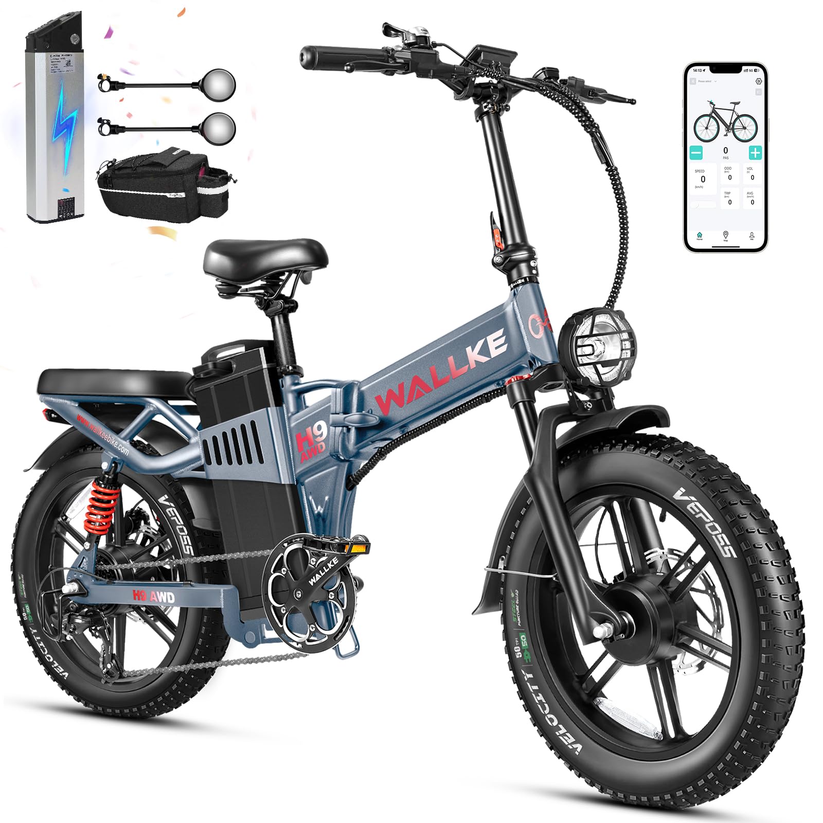 W Wallke 3200W/2000W Dual Motor Electric Bike for Adults, 48V 82Ah/60Ah/40Ah Samsung Battery, 200 Miles, 34MPH Fast Ebike, 20" Fat Tire Hydraulic Brake E-Bicycle, App Control Folding Ebikes, UL2849