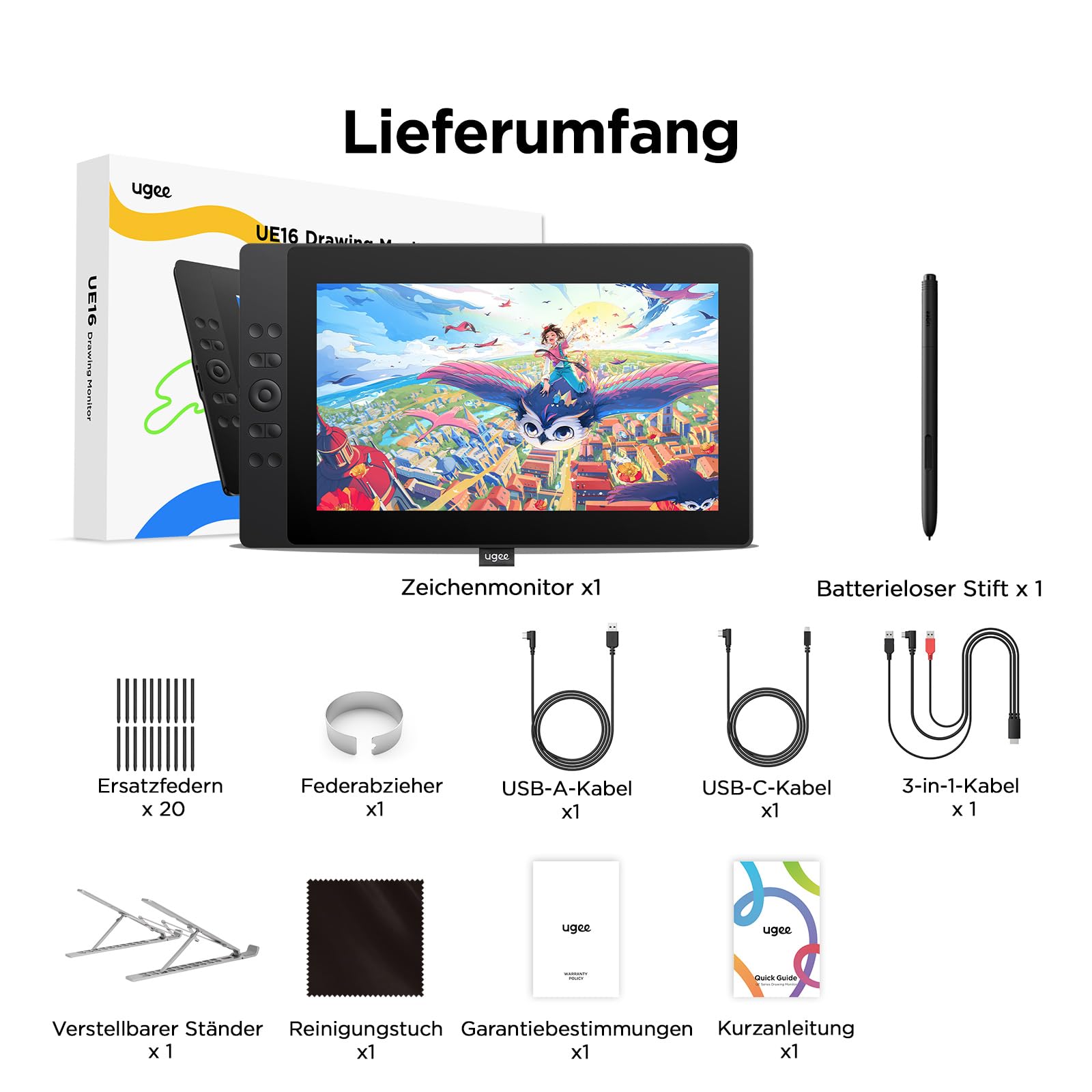 ugee Grafiktablett mit Display, UE16 FHD IPS 15.4 Zoll Grafiktabletts mit 143% sRGB Bildschirm, 16K Stufen Batterie-freiem Stylus, 8 physische Hotkeys und EIN rundes Rad