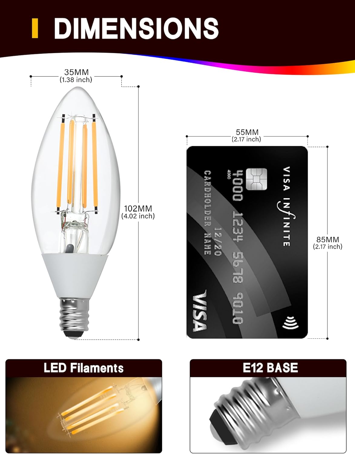 UNILAMP Dusk to Dawn Light Bulbs, Outdoor Candelabra Light Bulbs, 5W Equivalent 40W, 2700K Soft White, 500LM, Edison Vintage Filament E12 Base, Photocell Sensor for Sconces Porch Patio Garage, 6 Pack
