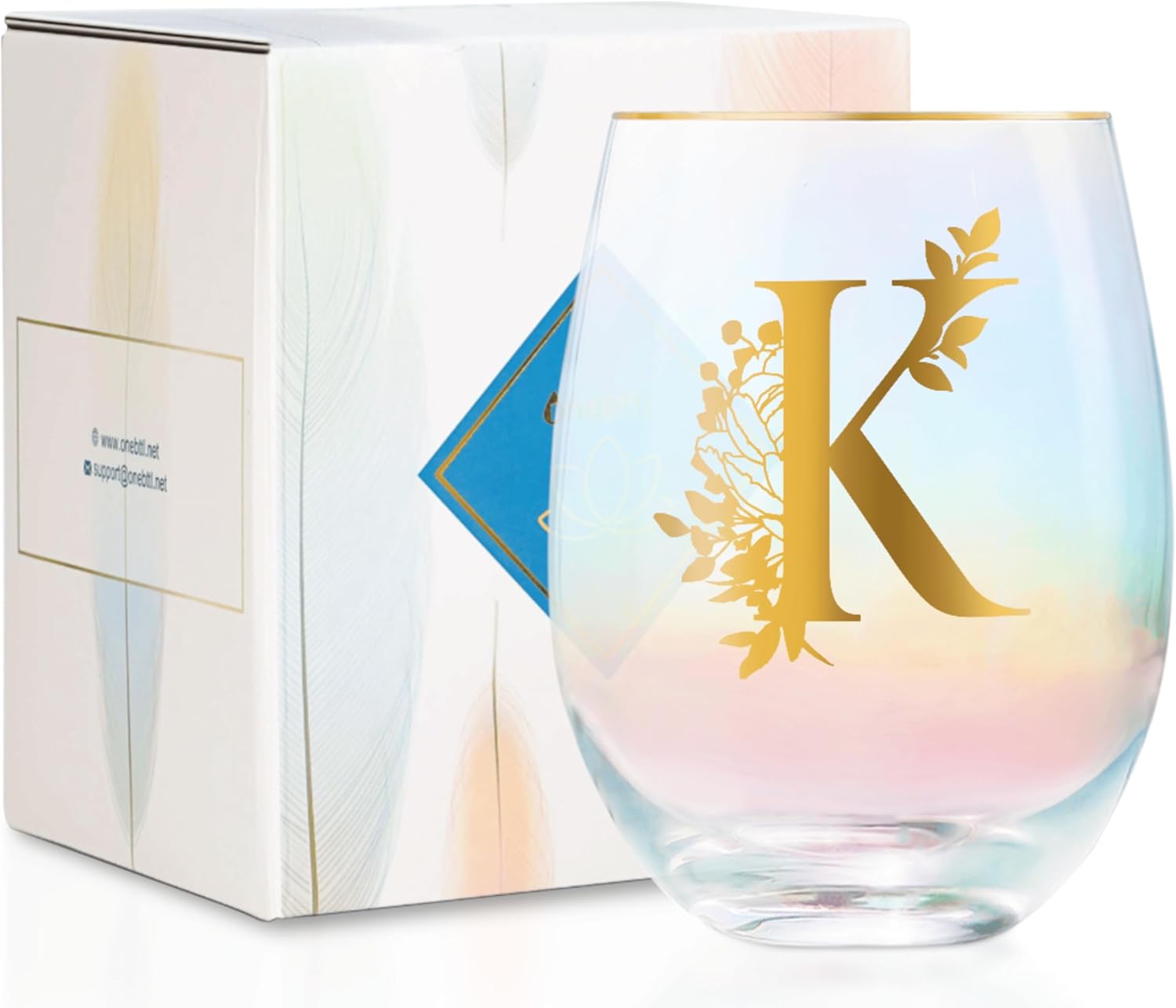 Onebttl Personalized Wine Gifts for Women, Cute Stemless Wine Glass with Initials, Monogrammed Gifts for Wine Lovers on Birthdays Christmas, K