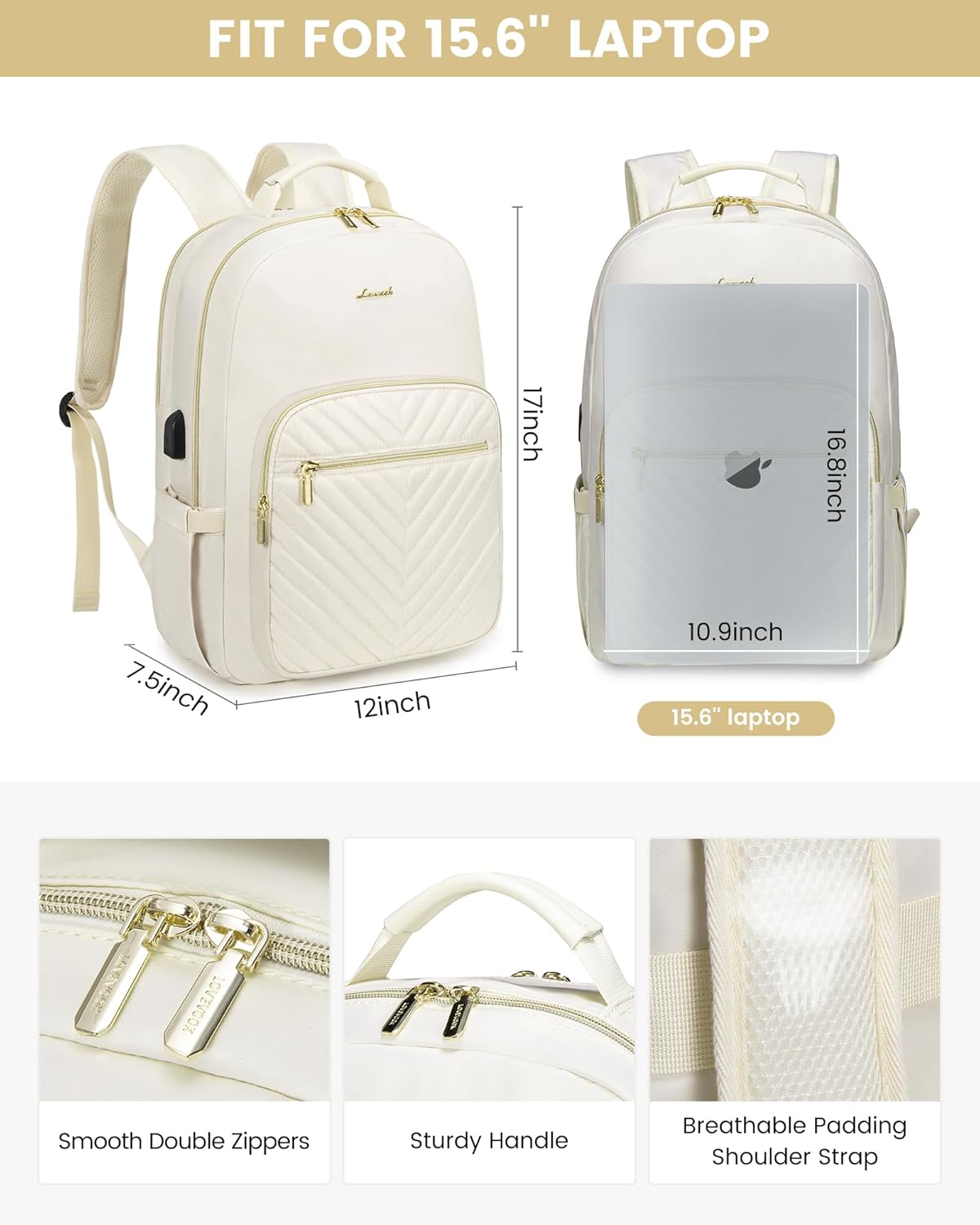 LOVEVOOK Laptop Backpack Purse for Women, Work Travel Computer Bags, College School Backpack for Student Girl, Quilted Casual Daypack with USB Port, Fit 15.6 Inch Laptop, Beige White - Image 5