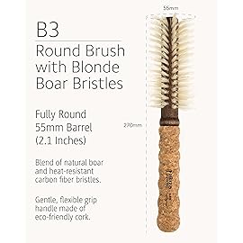 Ibiza Hair Boar Bristle Round Brush (B3-55mm) | Blonde Bristles & Cork Handle | Ideal for Color Treated Tresses | Beachy Waves & Volume | Adds Shine & Texture for Medium to Long Styles