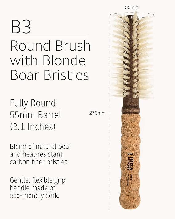 Ibiza Hair Boar Bristle Round Brush (B3-55mm) | Blonde Bristles & Cork Handle | Ideal for Color Treated Tresses | Beachy Waves & Volume | Adds Shine & Texture for Medium to Long Styles