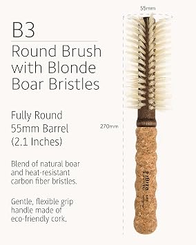 Ibiza Hair Boar Bristle Round Brush (B3-55mm) | Blonde Bristles & Cork Handle | Ideal for Color Treated Tresses | Beachy Waves & Volume | Adds Shine & Texture for Medium to Long Styles