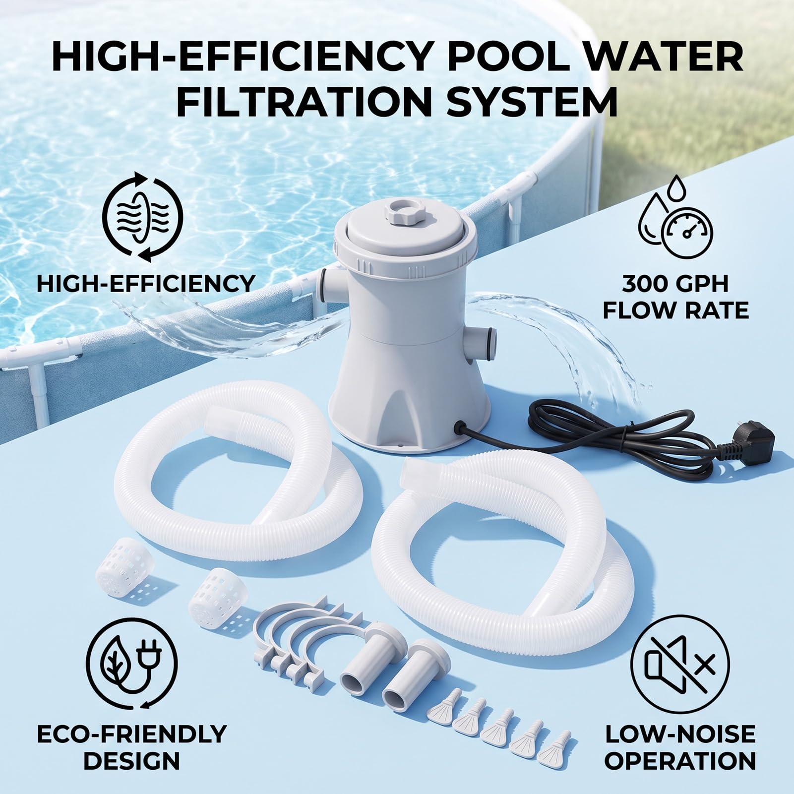 banapoy Circolazione e Filtraggio dell'Acqua Migliorate, Pompa Filtro per Piscina 300GPH per Piscina Fuori Terra, di Pompa Filtro a Cartuccia per, (EU)