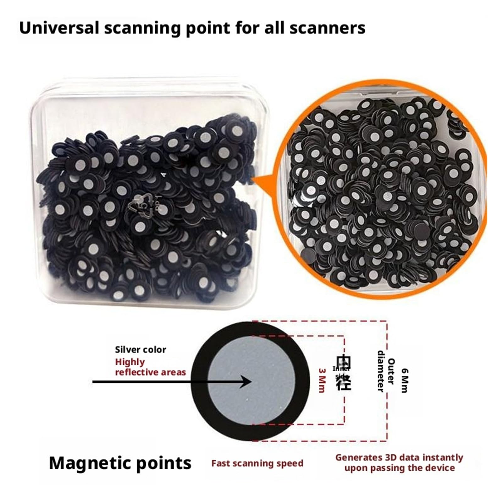 Ręczne punkty skanujące 3D do oznaczania i pozycjonowania magnetycznych, silnie odblaskowych punktów docelowych(1000PCS,3mm 6mm)