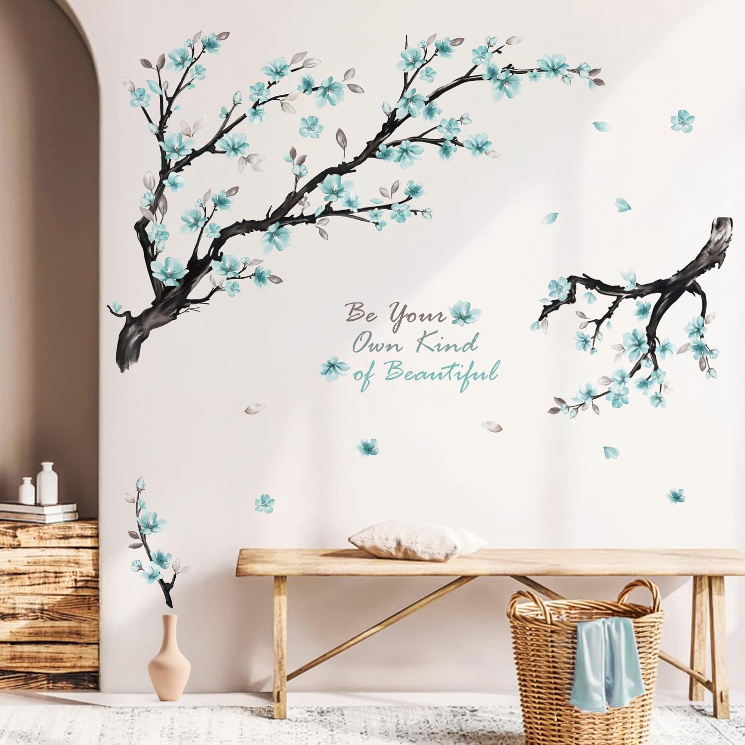 Blue Flowers Wall Stickers,Watercolor Flower Branch Wall Decals for Living Room Bedroom TV Background Office Bathroom