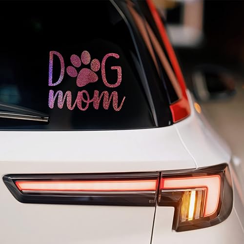 Miniatura 2 de Calcomanía de vinilo con diseño de perro mamá para auto, camión, pared, laptop, purpurina holográfica rosa, 4 x 3 pulgadas