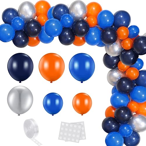 HyDren Kit de arco de globos azules y naranjas de 133 piezas, decoraciones de fiesta temática espacial, suministros de fiesta de cumpleaños azul y