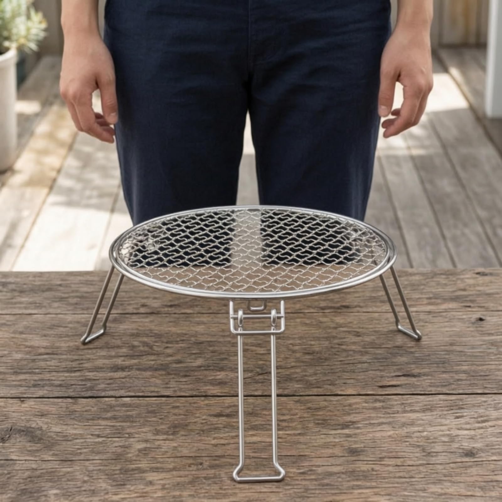 Outdoor Folding Grill Griglia da Campo Pieghevole Tonda Graticola Portatile con Gambe Collassabili Struttura Compatta Acciaio Inox Superficie