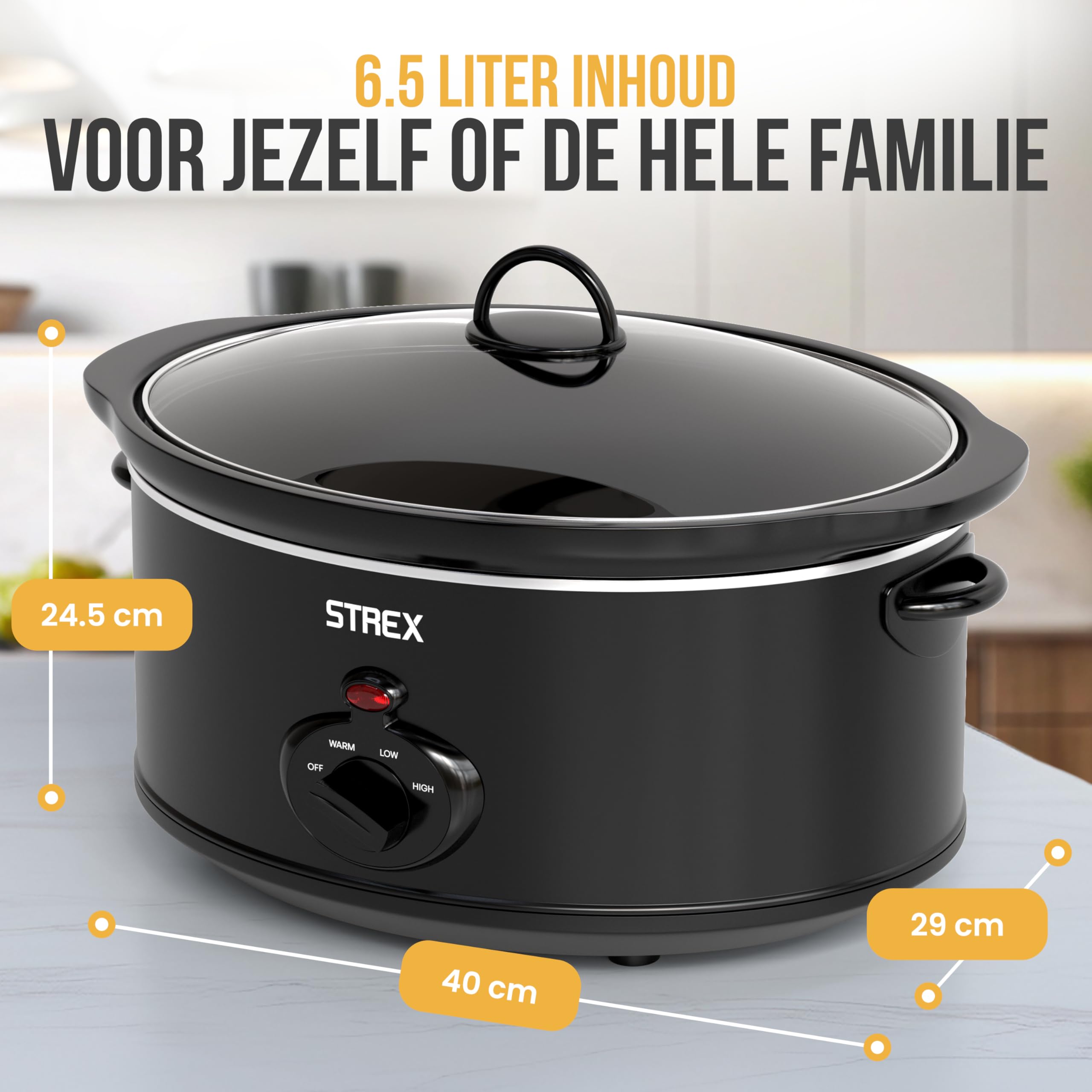 Strex Olla de cocción lenta 6.5L - Sartén interior de cerámica extraíble - Función mantener caliente - olla de cocción lenta - Negro