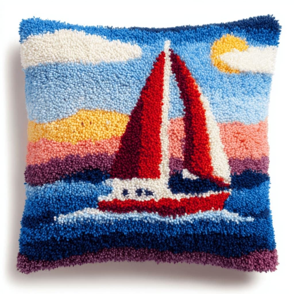 Latch Hook Pillow Kit For Adults,Sailboat 17X17In Latch Hook Kit For Pillow Cover With Instruction For Beginner Cross Stitch Sofa Cushion Cover With Crochet Yarn For Beginners And Home Decor