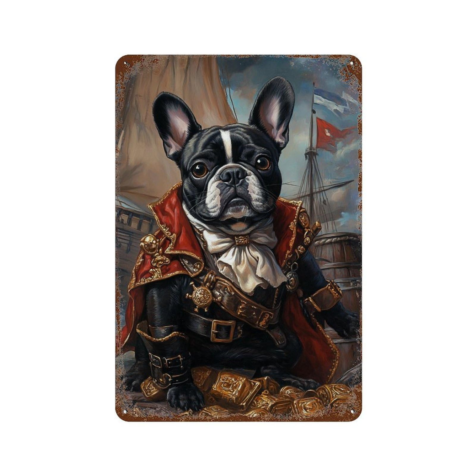Pirate Bulldog Treasure Chest-1 Rusty Metal Tin Sign 11.8"x7.9", Old School Wall Decor for Garage, Pub Or Kitchen