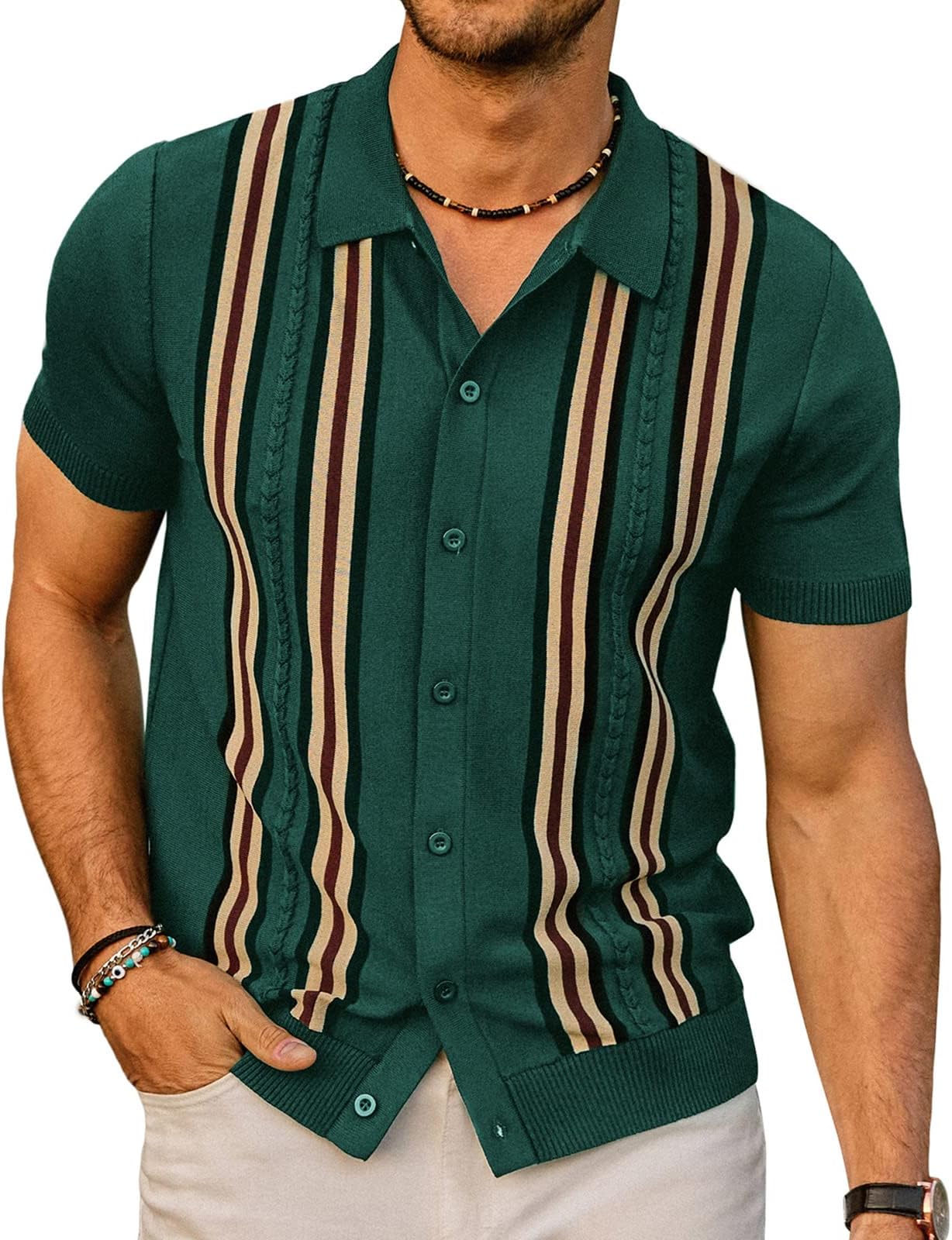 Mens Polo Shirts Vintage Striped Button Down Knitted Golf Shirts