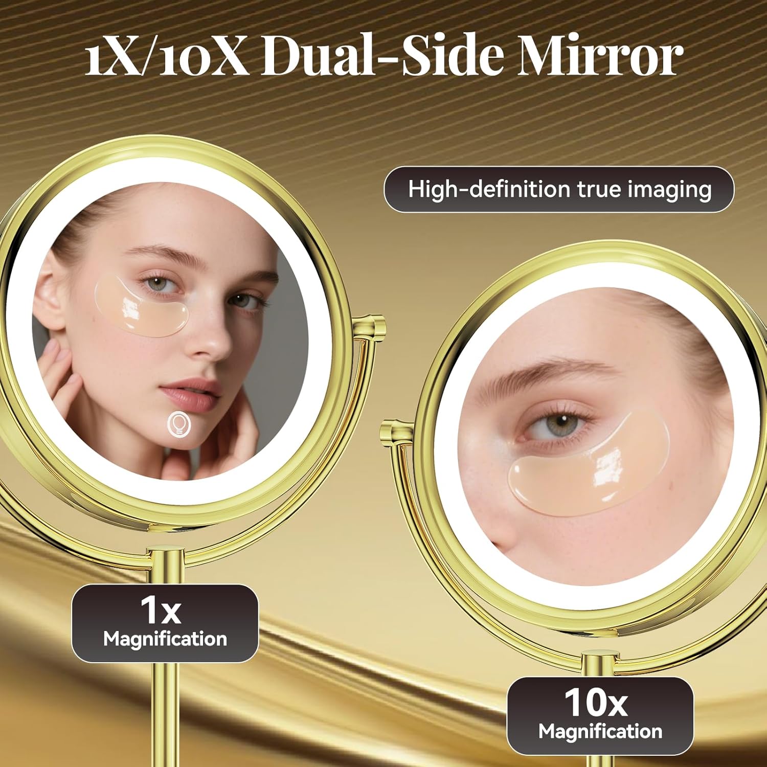 GURUN 8.5 Inch LED Lighted Tabletop Makeup Mirror with 10x Magnification Dimmable 3 Colors Touch Control 4500mAh Double Sided Gold Finish 2208D-T(10x, Gold)