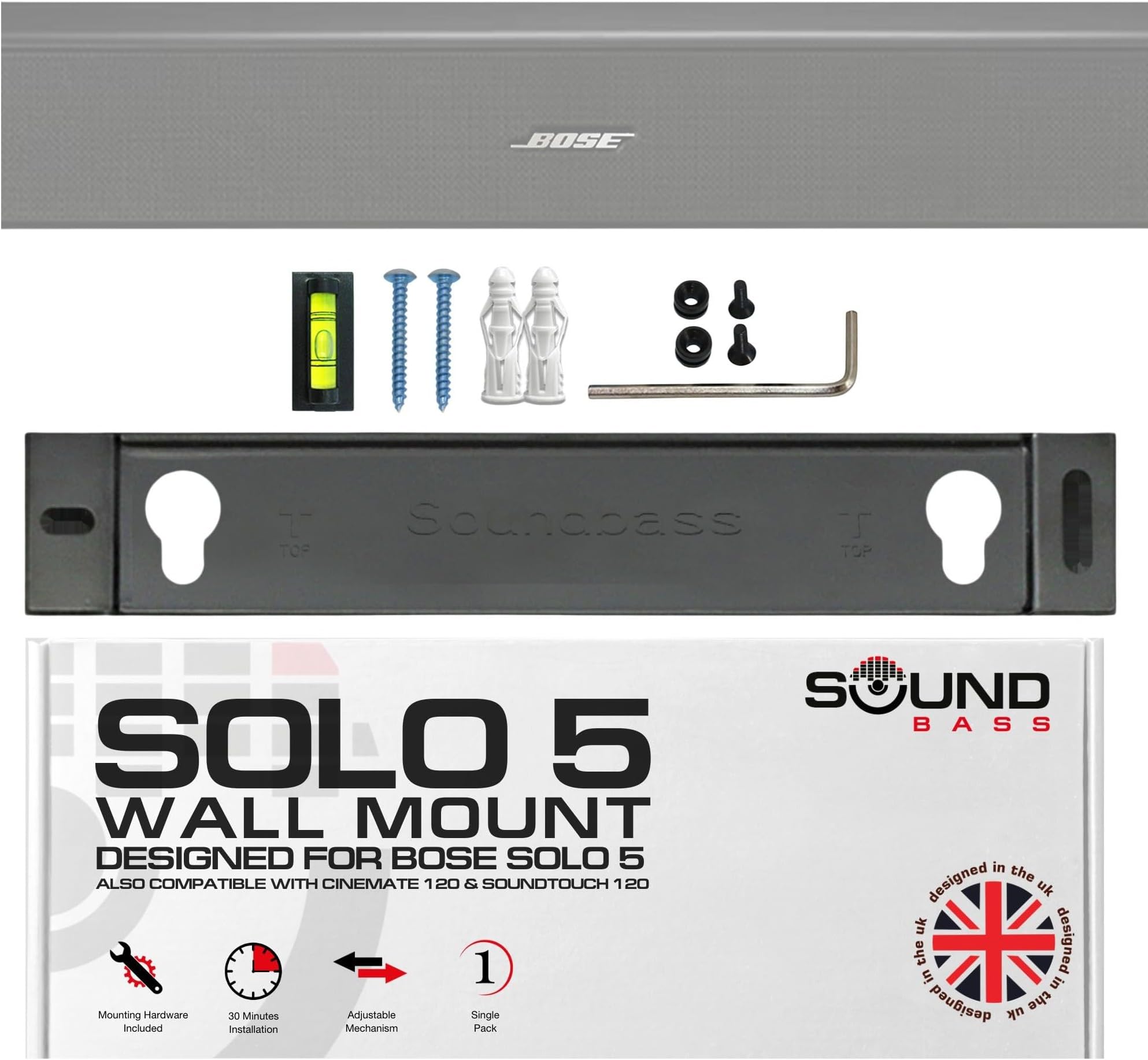 Solo 5 Wall Mount Bracket for Bose Solo5 Soundbar, Compatible with Solo Soundbar 2 Sound Bar Series II, Complete Kit with All Mounting Hardware, UK Design