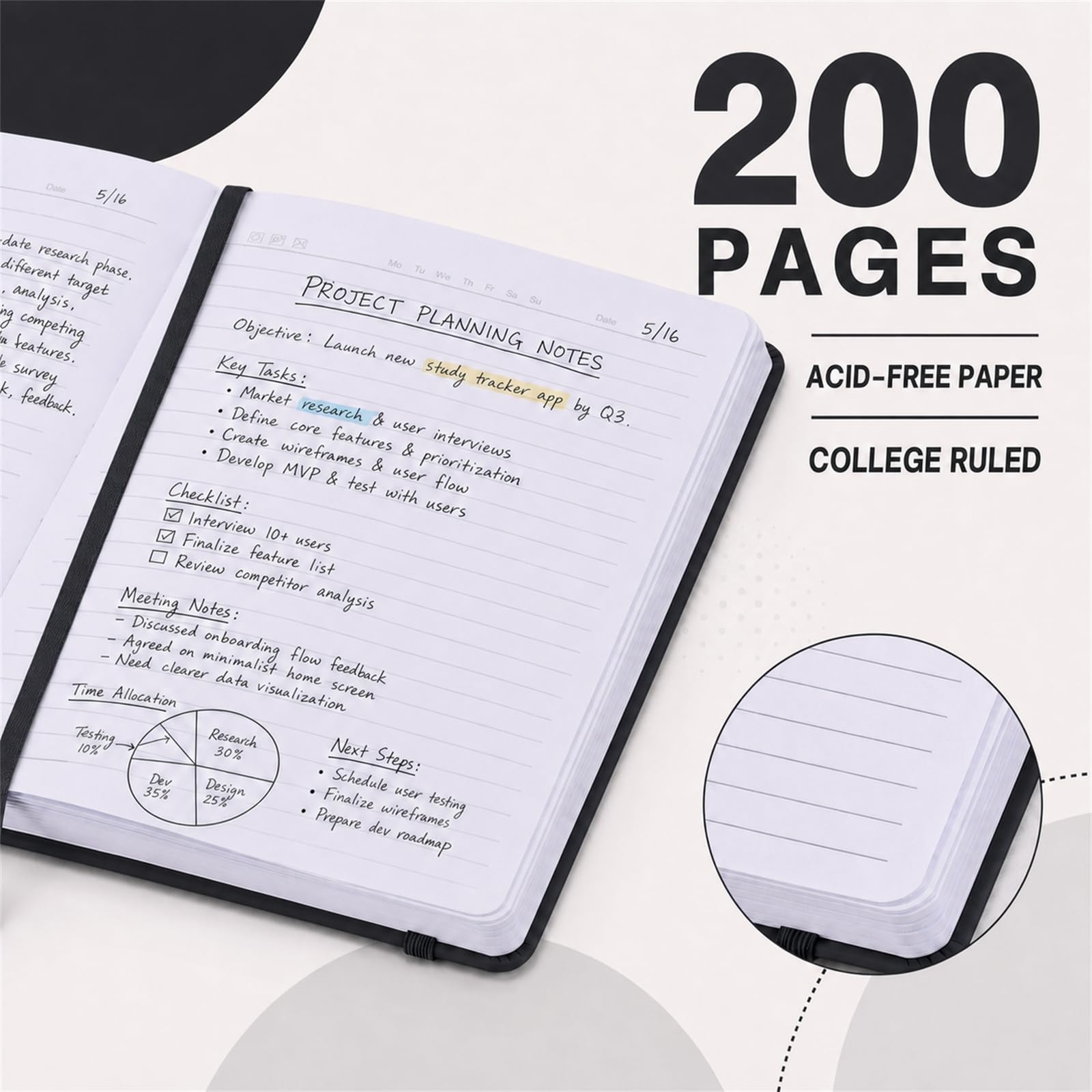 SUIN Notizbuch, A5, Hardcover, liniert, 200 Seiten, Schwarz, 1 Packung