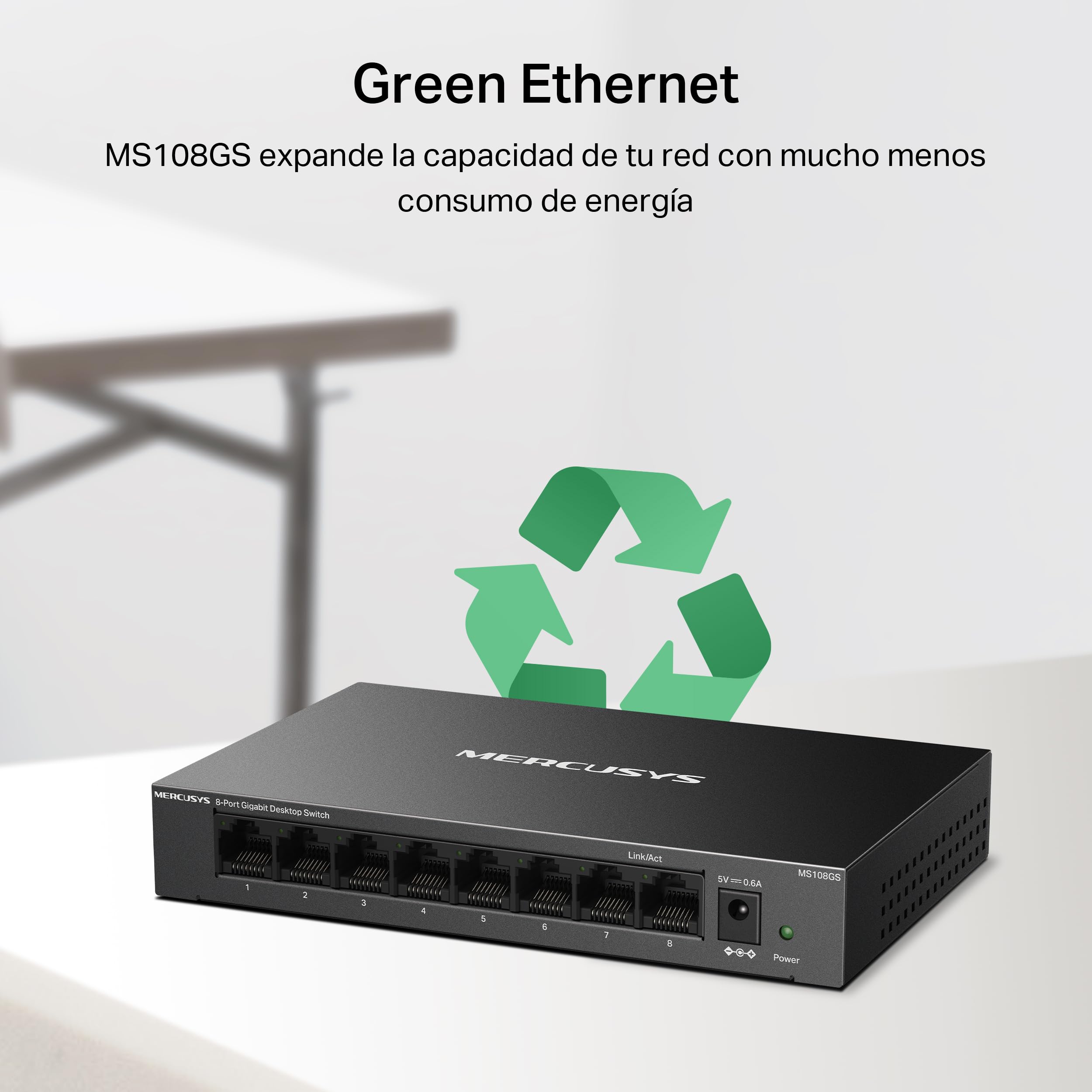 Mercusys MS108GS - Switch Gigabit de 8 Puertos, Caja de Metal Duradero, Conectar y Usar, Ahorro de Energía