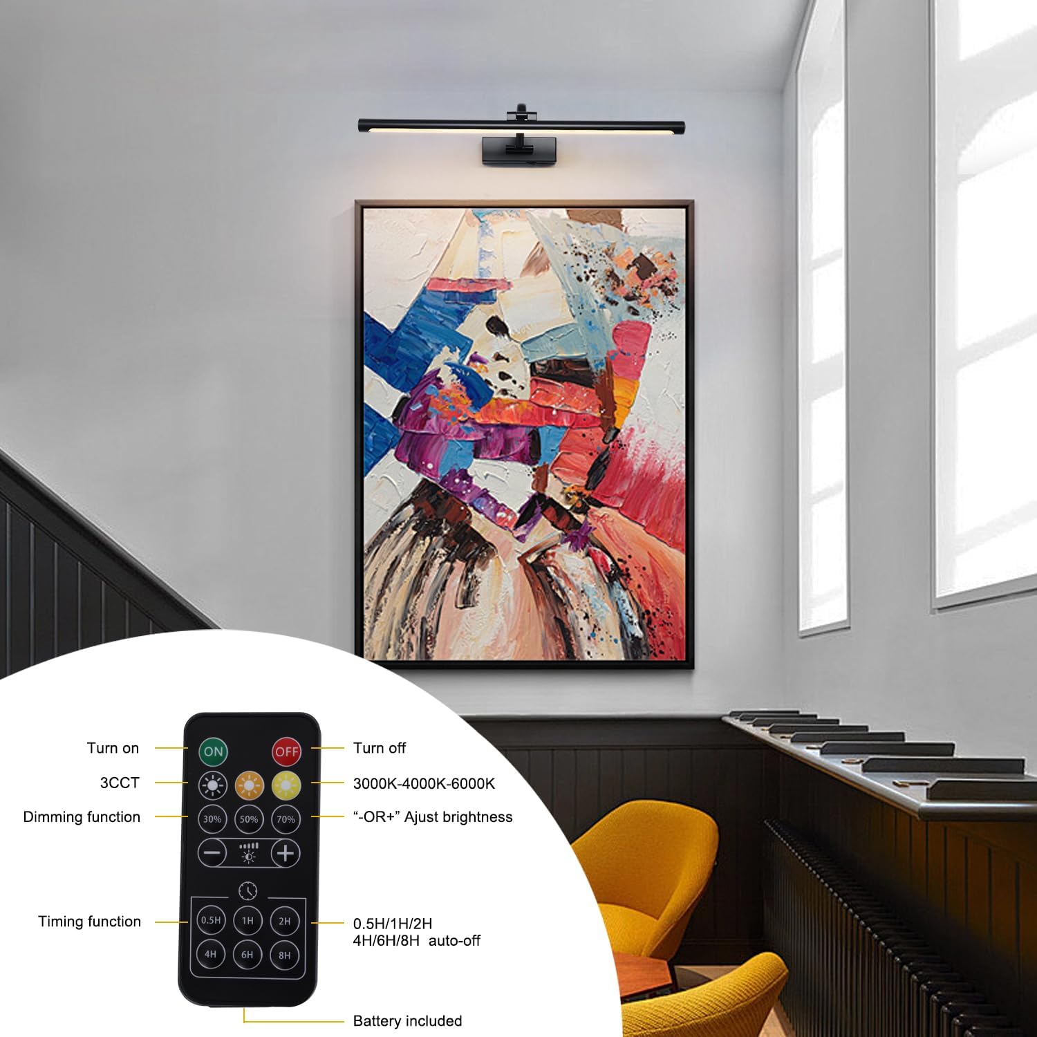 23.6 Inch Battery Operated Picture Lights for Wall Rechargeable Art Lighting for Paintings Wireless Gallery Lights with Remote Control and Dimmable Timed Off Black Wall Lights