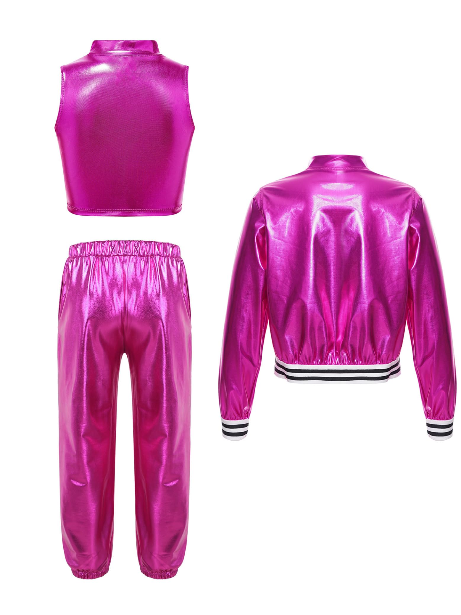 Bambina Tuta da Hip Hop Street Dance Set 2 Pezzi Giacca Sportiva con Zip Capotto + Crop Top + Pantaloni Lucidi Ginnastica Tracksuit Jogging
