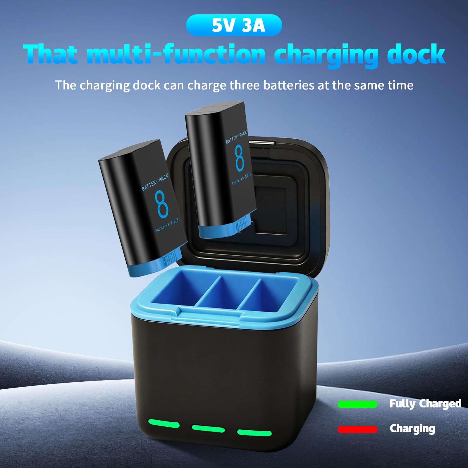 Lot de 2 batteries Hero 8 + chargeur à 3 ports compatibles avec GoPro Hero 8/7/6/5/2018 Noir