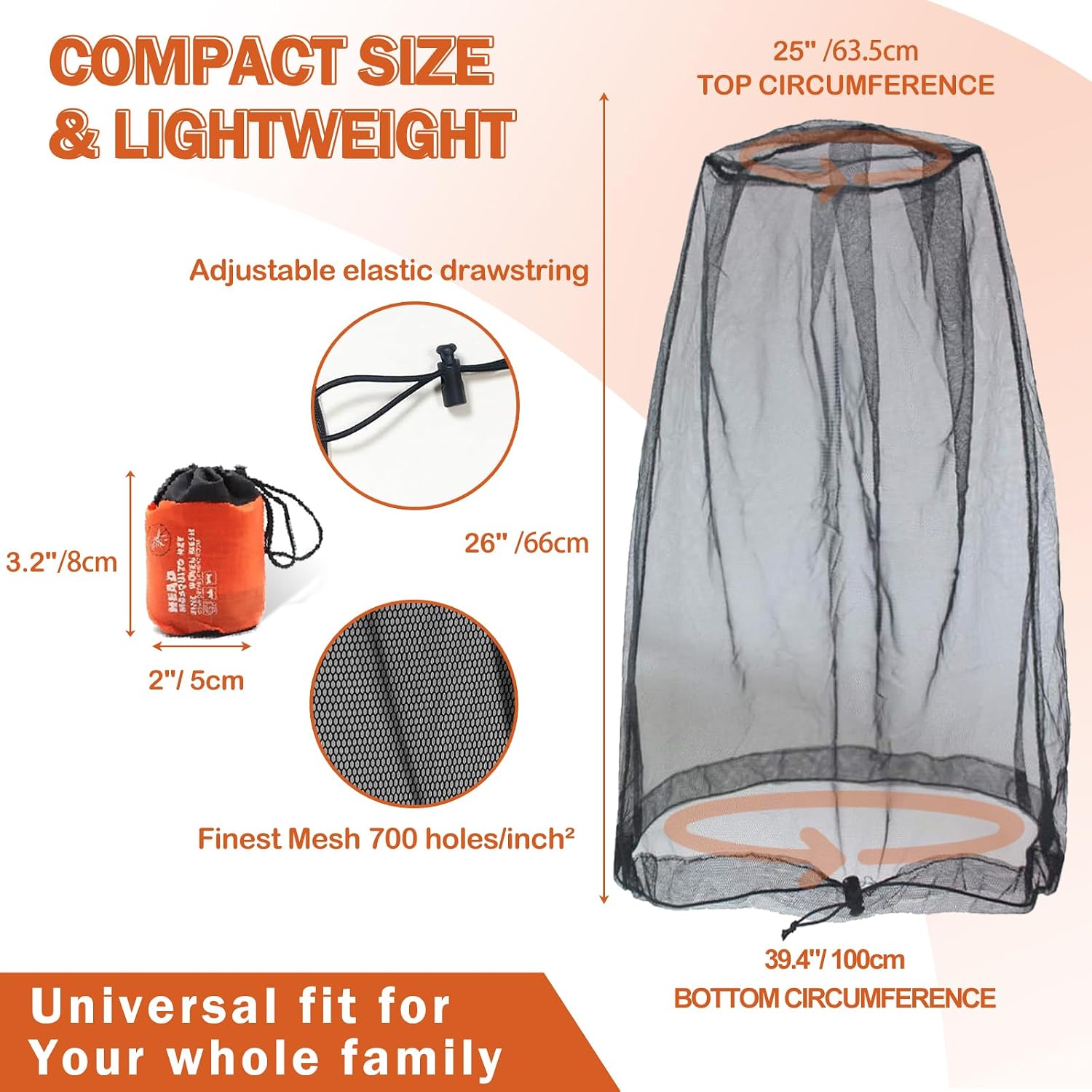 Mosquito Head Net for Insect 2-Pack, Ultra-Fine 700-Hole Mesh, Fly Bug Net Hat, Compact Storage Bag, Large Coverage for Camping, Hiking, Fishing, Gardening, Safari, Fits All Hats for Adults, Black