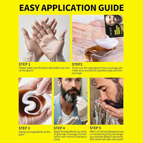 SEVICH Beard Blackening Shampoo for Men - Instant Natural Black Color, Anti-Hair Loss Formula, 10x15ml Travel-Friendly Packets | Safe & Gentle Beard Dye with Nourishing Care
