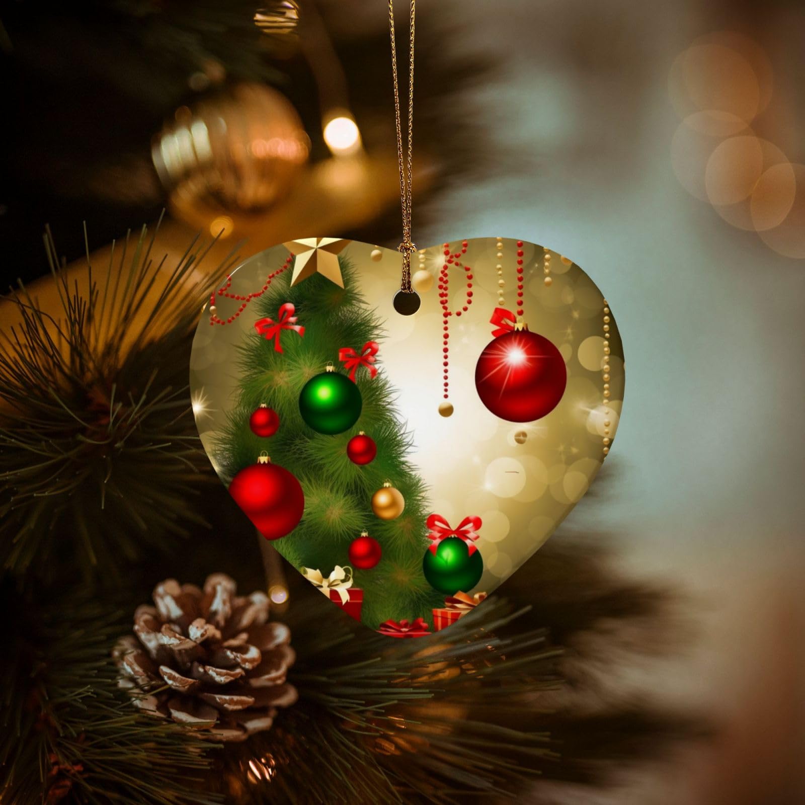 Christmas Ornaments for Christmas Tree Decoration Hanging Merry Christmas Ornament with Gold Ribbon Crafts Heart Shape Ceramic Pendant for Keepsake Gifts Xmas Decor Party Supplies