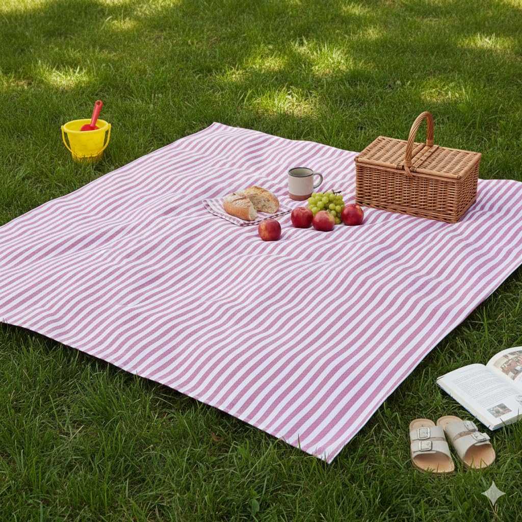 Ruah Cotton Picnic, Beach Blanket for 2-3 People, 56"x56", Set of 1 (Pink, Medium (56"X56")-image-47