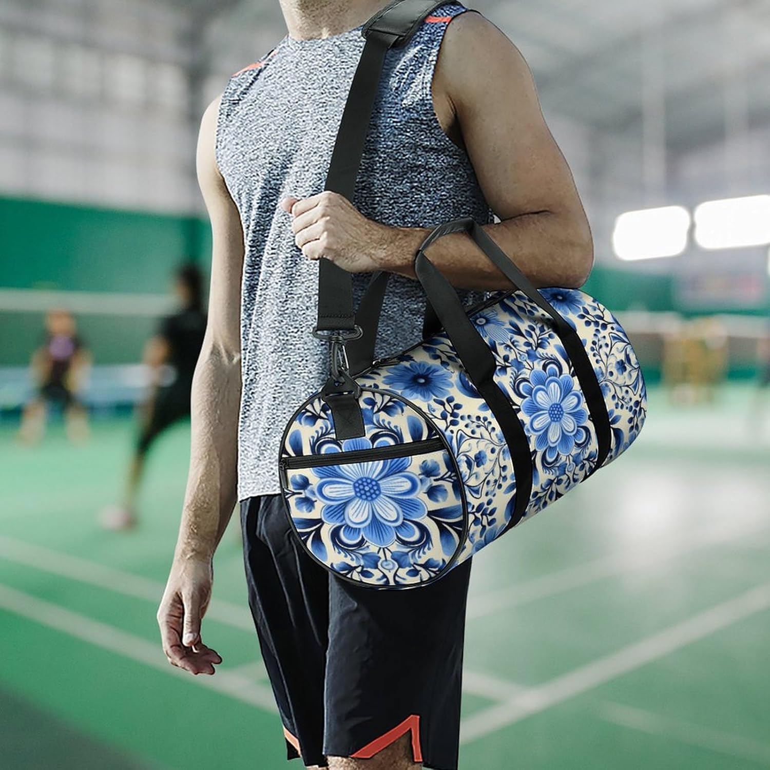 Aesthetic Sports Bag for Women Blue Folk Art Printed Duffle Travel Bag for Men Women Mini Workout Bags Cylindrical Gym Bag