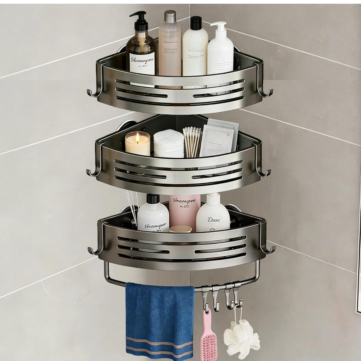 3Pcs Corner Shower Shelf Caddy Suction Cup No Drill Hole with Towel Bar and Hook Gray Bathroom Storage