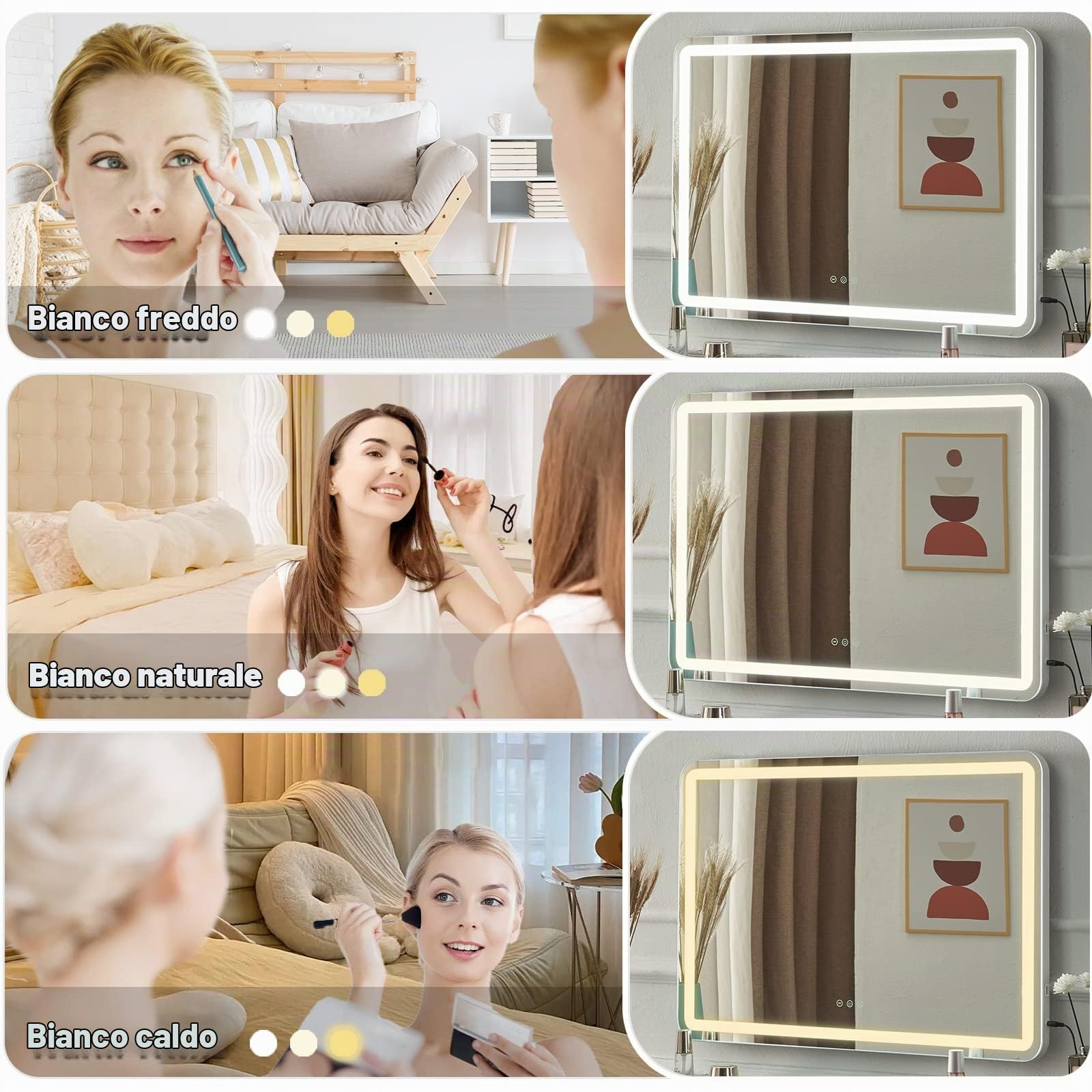 Specchio Trucco con Luci 80x55 cm, Specchio Hollywood con Luci LED Regolabili, 3 Modalità, Caricatore USB, Memoria Intelligente, Controllo Touch, Montaggio a Parete, Bianco