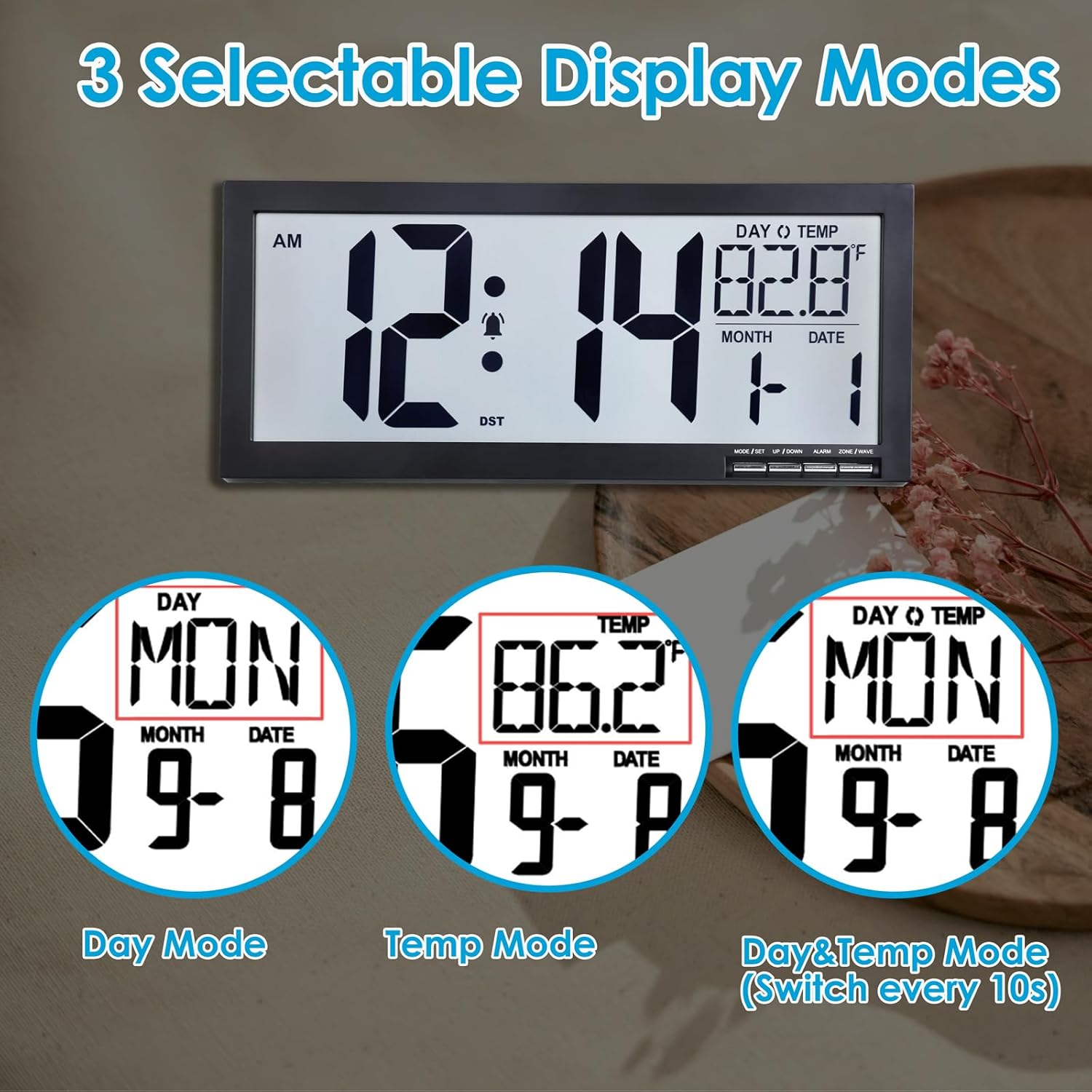 16 Inch Large Digital Wall Clock with Big Easy Read Numbers, Auto DST & Temperature, Jumbo Display with Date & Weekday, Simple Set, Battery Operated, for Living Room Office Classroom Gym or Seniors