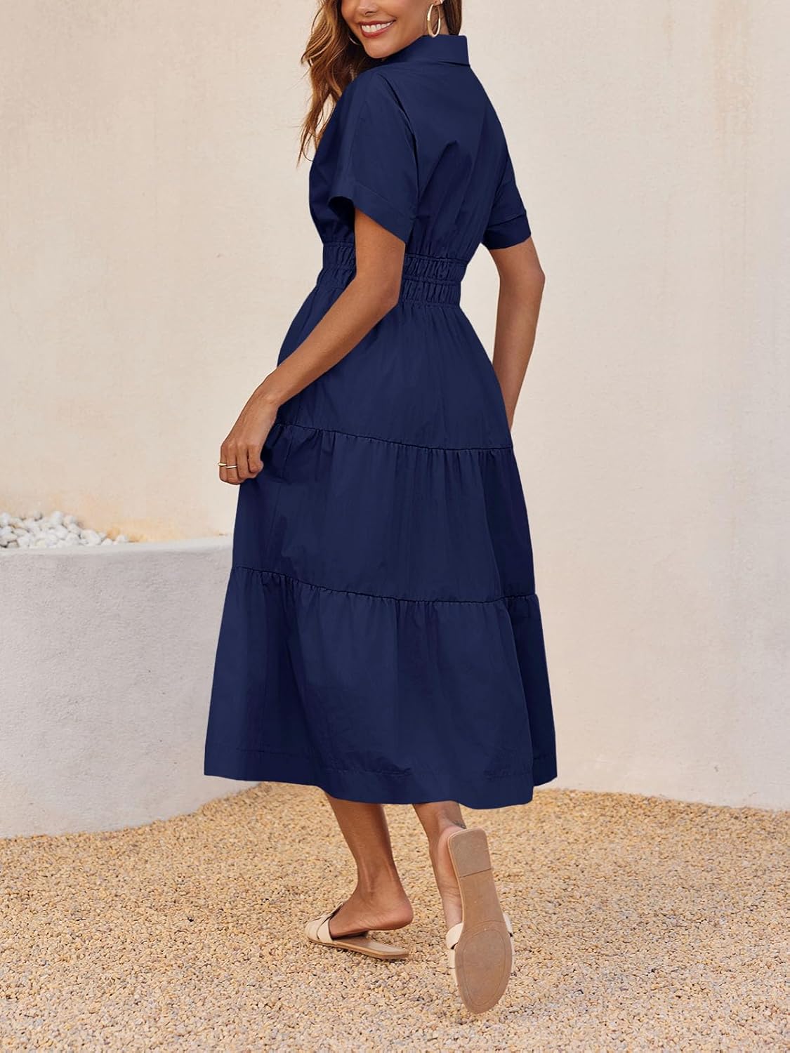 Wenrine Womens Summer Short Sleeve Maxi Dresses Casual V Neck Smocked Loose Tiered Flowy Shirt Dress with Pockets - Image 5