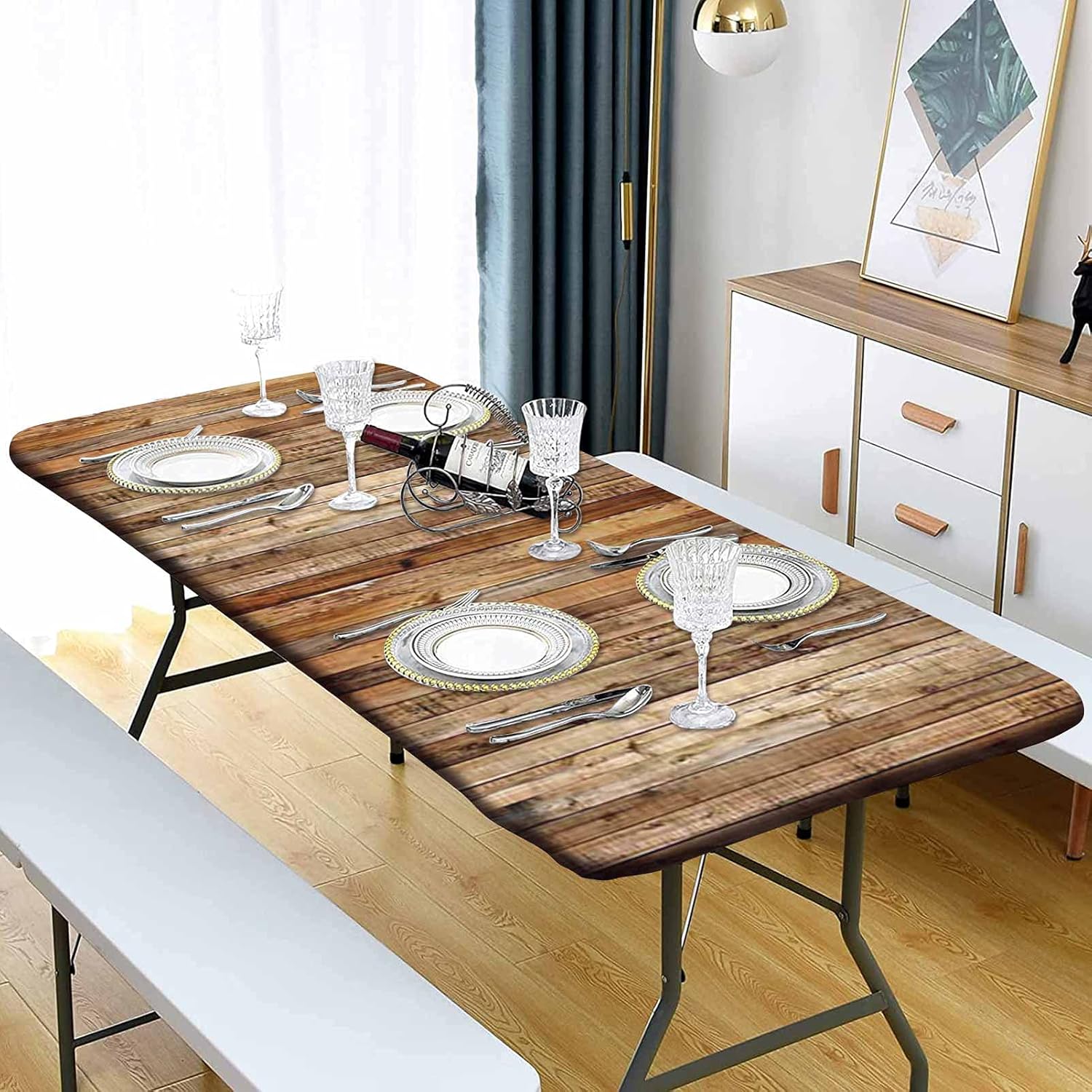 Indoor/Outdoor Elastic Edge Fitted Tablecloth, Brown Wooden Textured and Natural Walnut Wooden Rectangle Table Cover, Stretched to Fit 48 x 24 Inch Rectangle Table, for Camping, RVs, BBQs