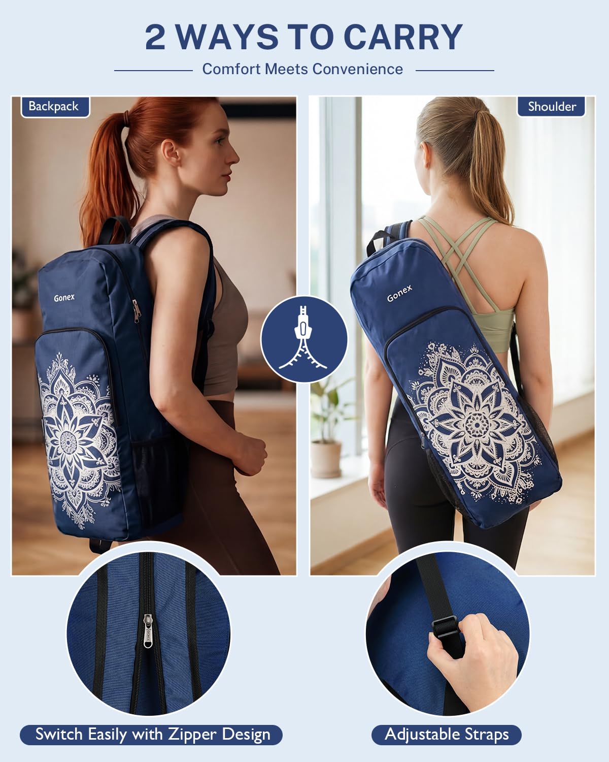 Gonex Bolsa de Yoga con 2 Formas de Transporte, Mochila Yoga con Compartimento Impermeable y Cremalleras Metálicas, Gran Capacidad para Esterilla de Yoga, Gimnasio y Viaje