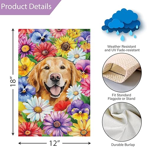 Miniatura 4 de Louise Maelys Bandera de jardín de perro Golden Retriever de bienvenida de 12 x 18 pulgadas, de doble cara, de arpillera, margarita pequeña, flor de