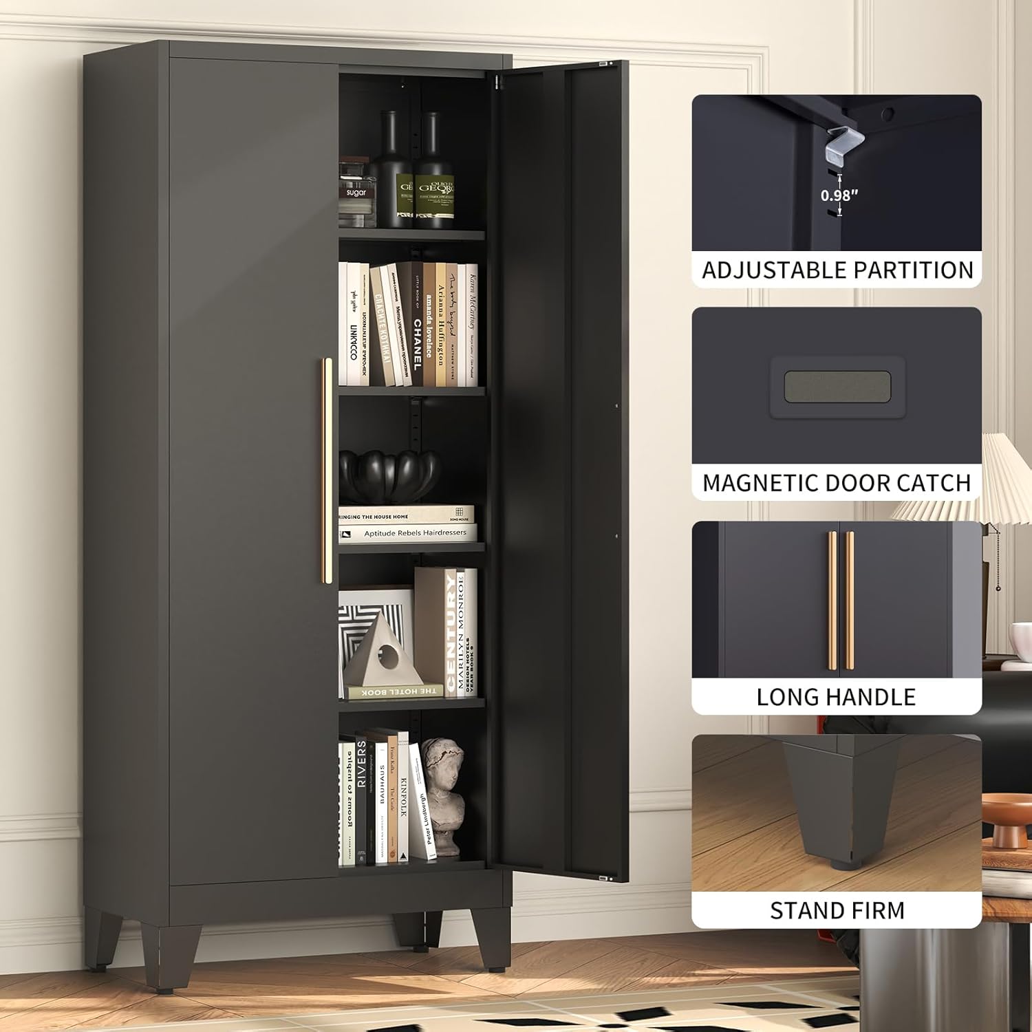 65.3" Tall Metal Kitchen Pantry Storage Cabinet with 4 Adjustable Shelves & 2 Doors, Large Freestanding Organizer Cabinet for Kitchen, Bathroom, Diningroom（Black）