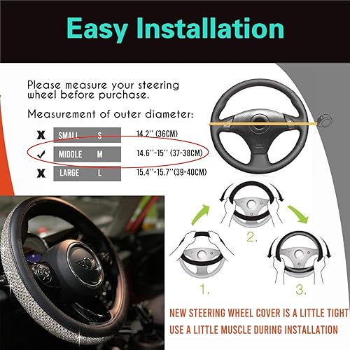 Miniatura 6 de PINCTROT - Funda de cuero para volante de automóvil con diamantes de imitación de cristal gigante, cómoda y antideslizante, universal, de 15